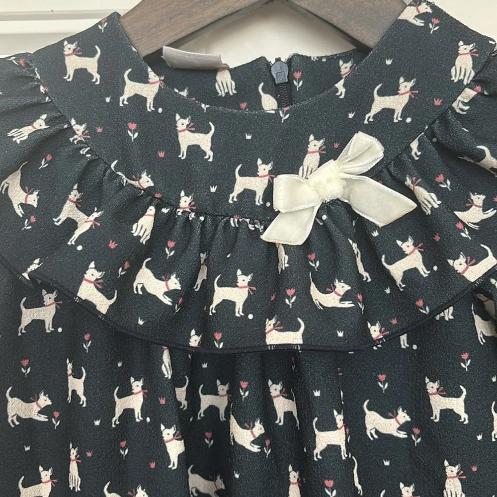 Paz Rodríguez Navy Blue Dog Print Long Sleeve Dress